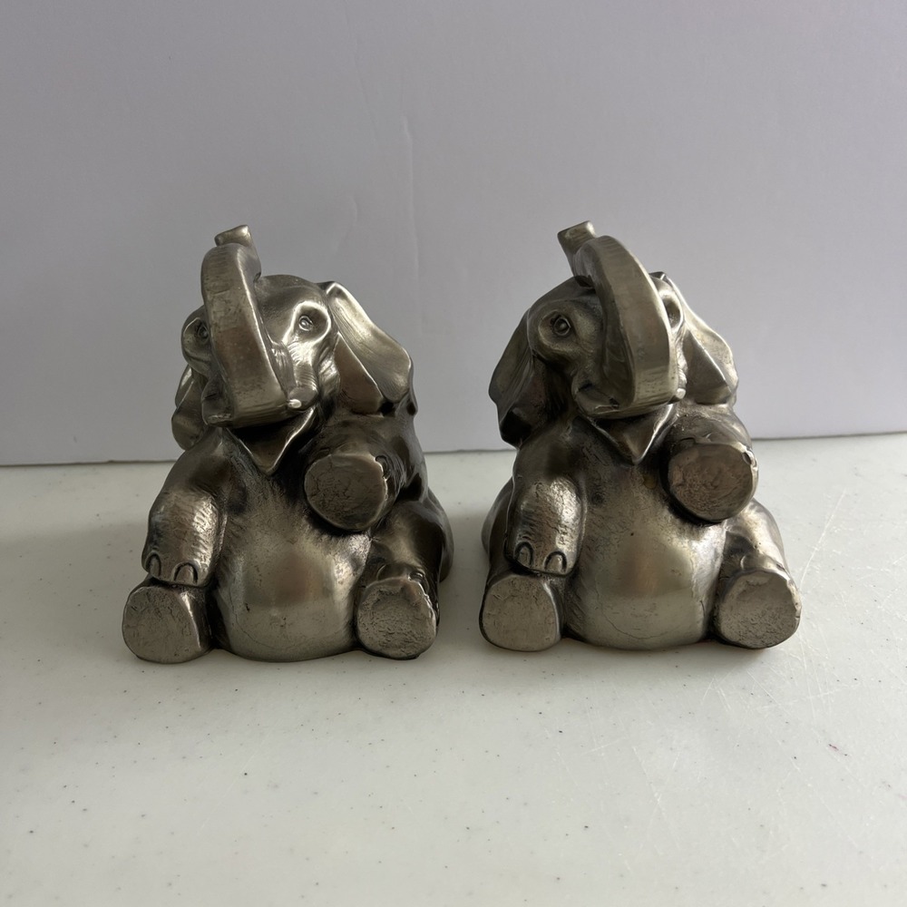 Vintage Silver Elephant Figurines Set of 2 Trunks Up Good Luck Statues-Bookends